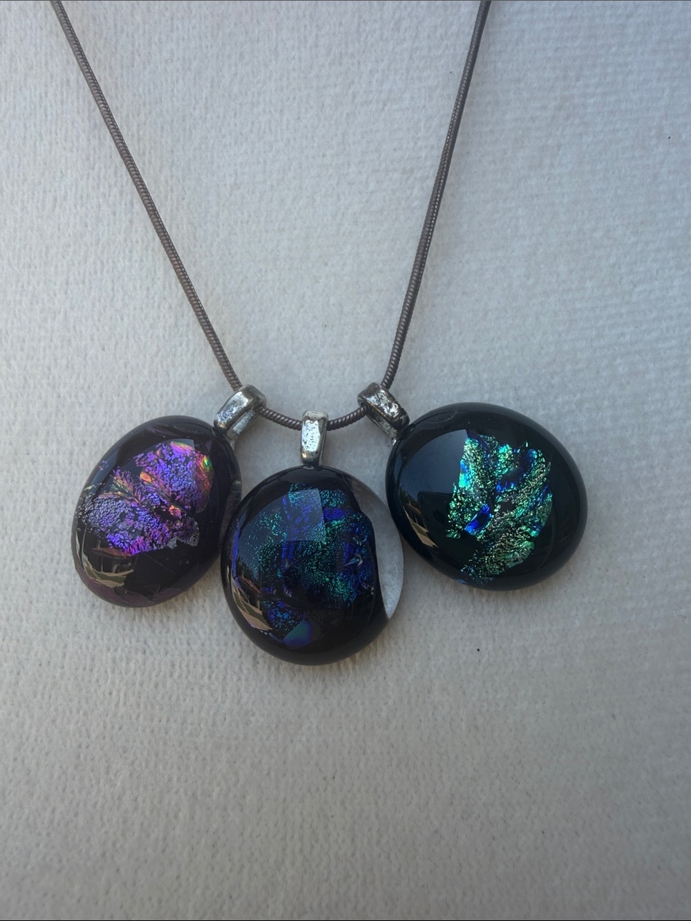 Iridescent Dichroic Glass 3 Pendant Necklace  Purple Green Blue Black Handmade